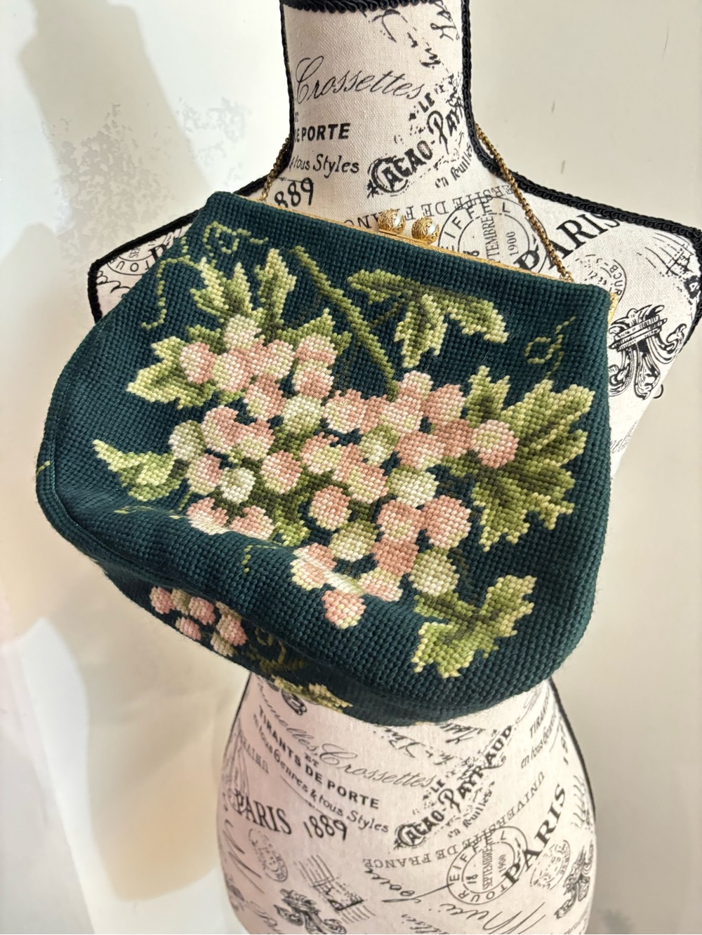 Vintage Christine Custom Bags Detroit Needlepoint Floral Purse Pearl Kiss Lock
